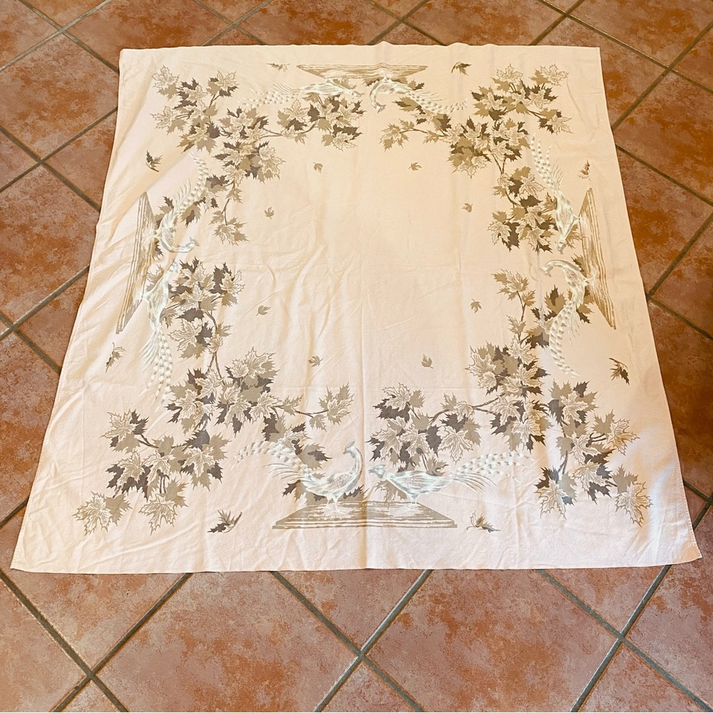 Vintage Peach Table Cloth Gold Brown Maple Leaves & Pheasants 50X48 MCM Square